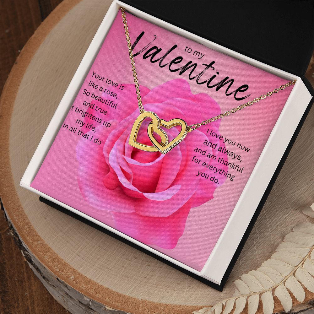 TO MY VALENTINE INTERLOCKING HEART NECKLACE. PINK ROSE.