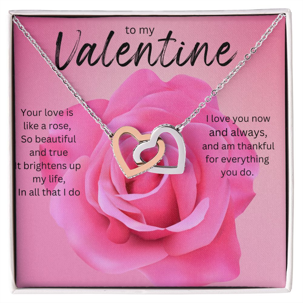TO MY VALENTINE INTERLOCKING HEART NECKLACE. PINK ROSE.