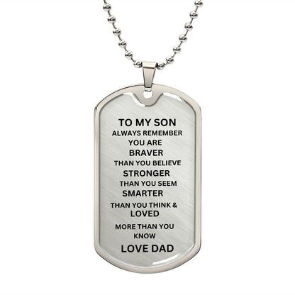 BLACK AND SILVER DOG TAG. TO MY SON. LOVE DAD