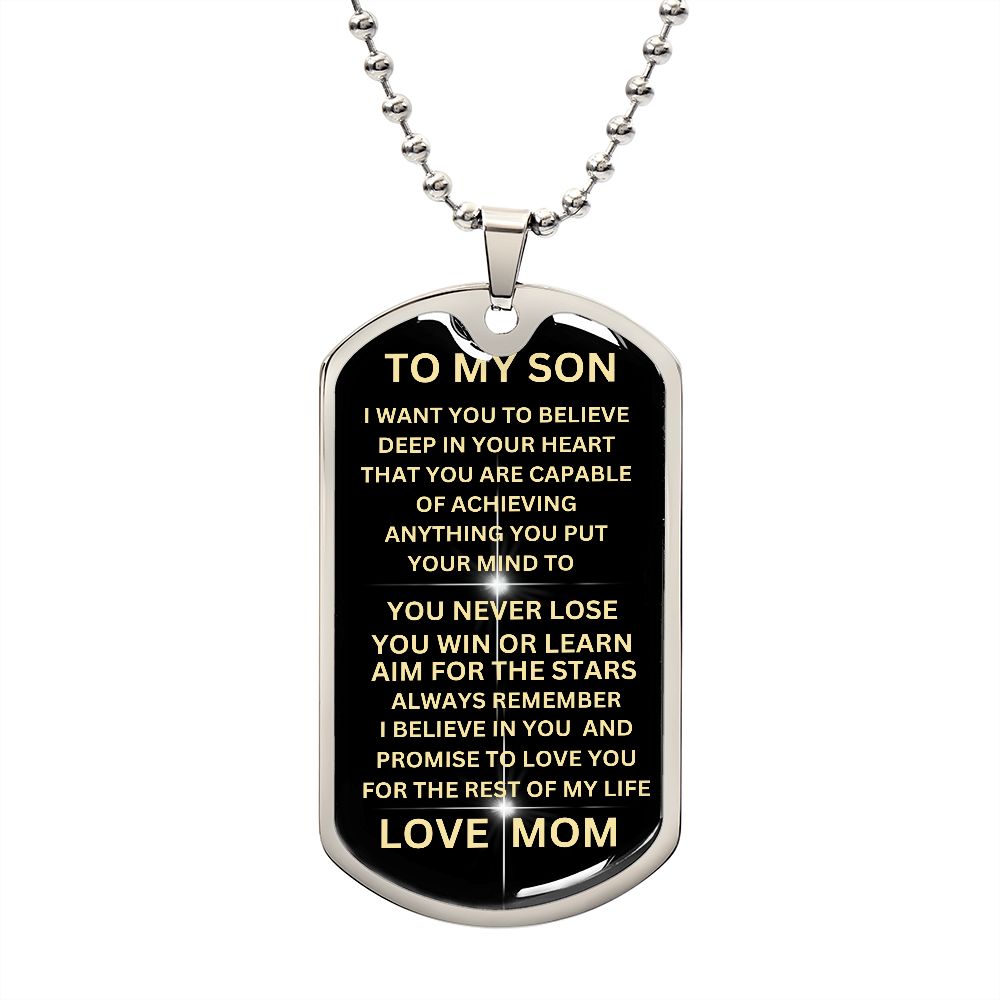 TO MY SON BLACK GOLD DOG TAG. LOVE MOM