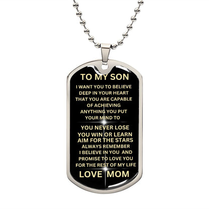 TO MY SON BLACK GOLD DOG TAG. LOVE MOM