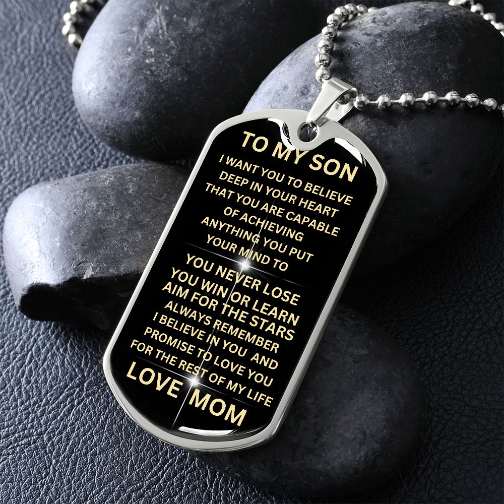 TO MY SON BLACK GOLD DOG TAG. LOVE MOM
