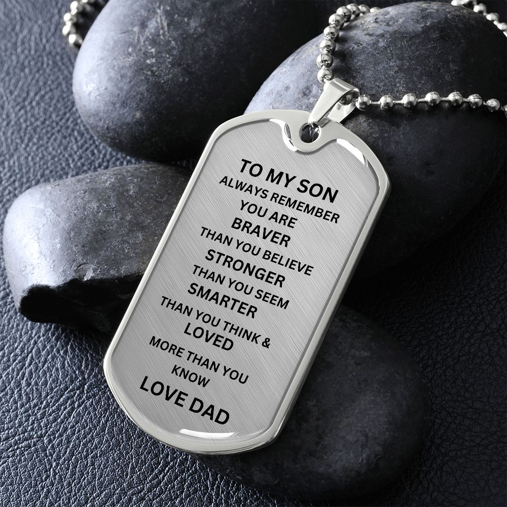 BLACK AND SILVER DOG TAG. TO MY SON. LOVE DAD