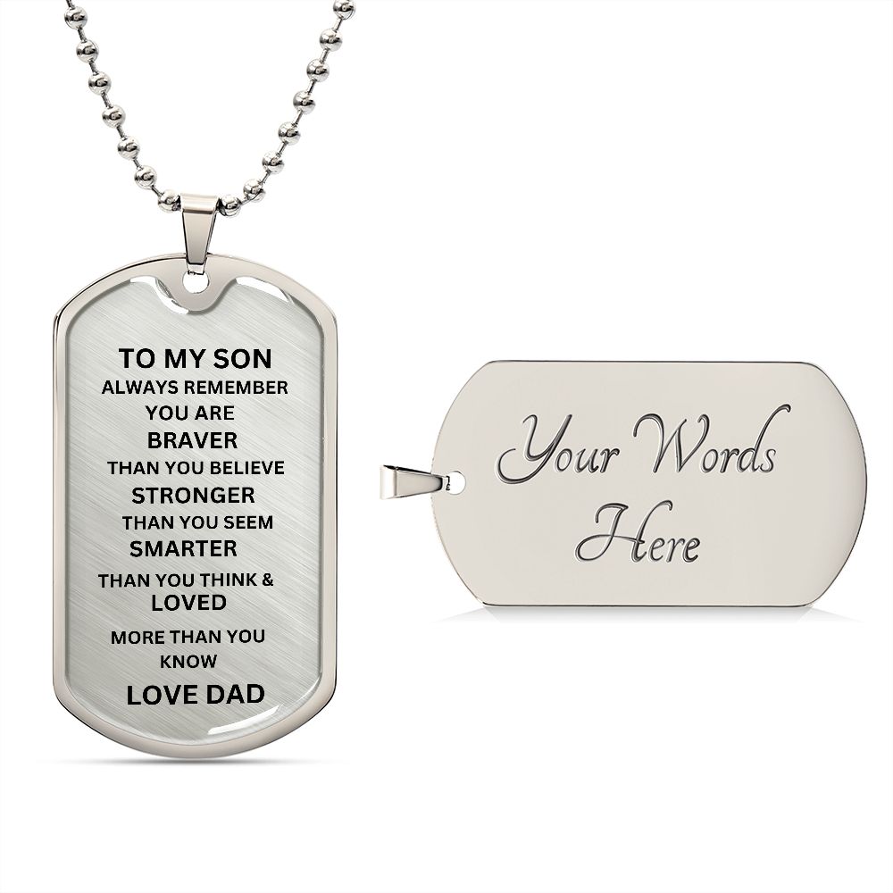 BLACK AND SILVER DOG TAG. TO MY SON. LOVE DAD