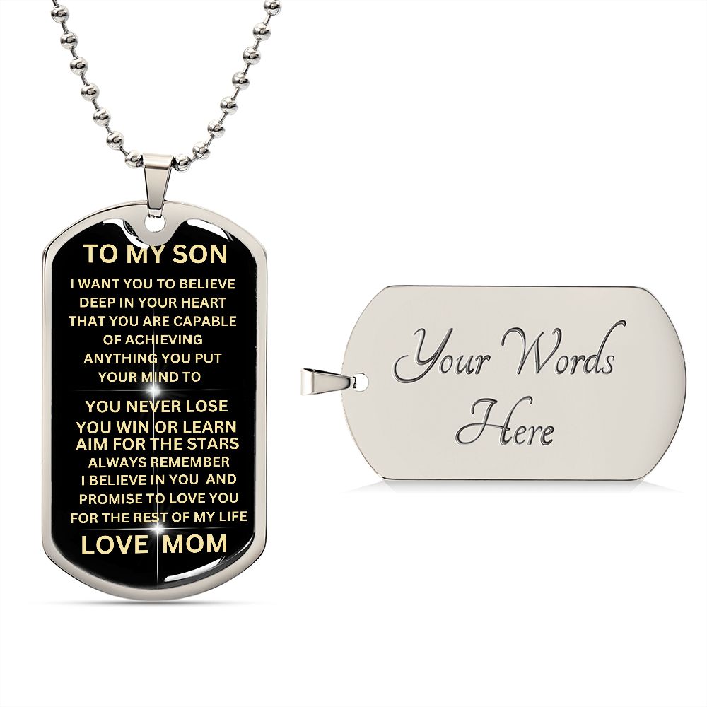 TO MY SON BLACK GOLD DOG TAG. LOVE MOM