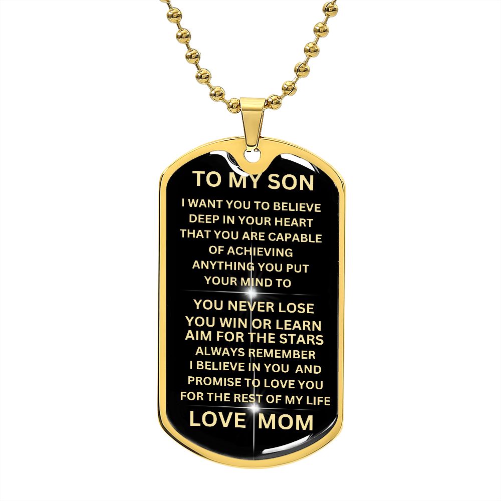 TO MY SON BLACK GOLD DOG TAG. LOVE MOM