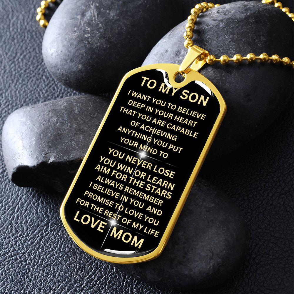 TO MY SON BLACK GOLD DOG TAG. LOVE MOM