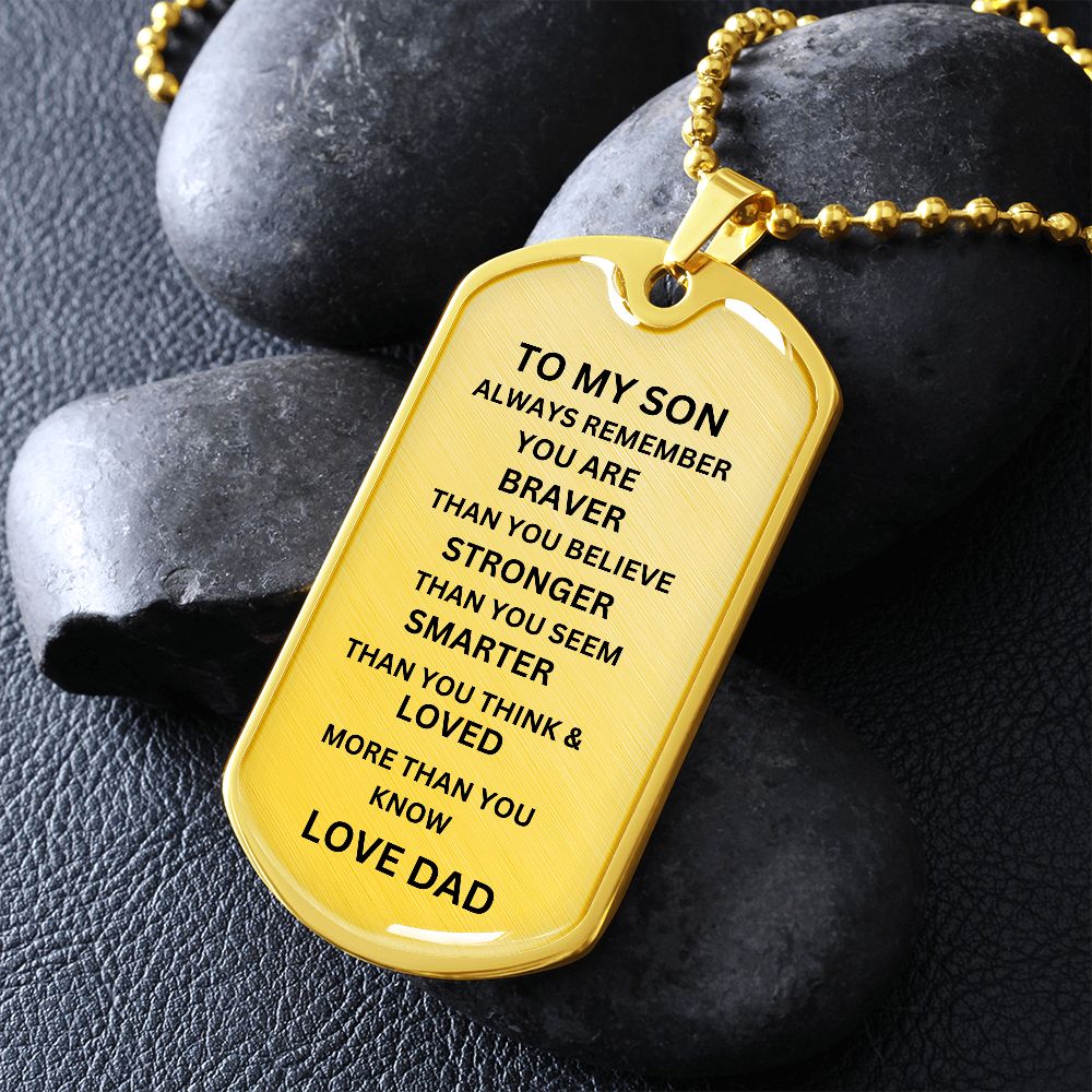 BLACK AND SILVER DOG TAG. TO MY SON. LOVE DAD