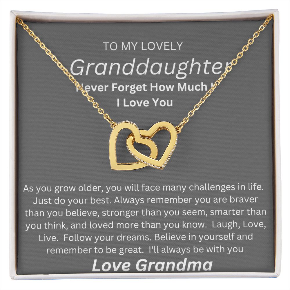 TO MY LOVELY GRANDDAUGHTER. LOVE GRANDMA. INTERLOCKING HEARTS.