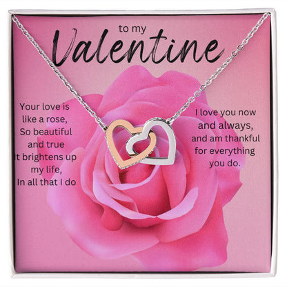 TO MY VALENTINE INTERLOCKING HEART NECKLACE. PINK ROSE.