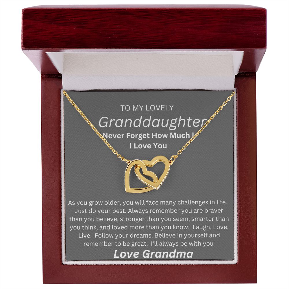 TO MY LOVELY GRANDDAUGHTER. LOVE GRANDMA. INTERLOCKING HEARTS.
