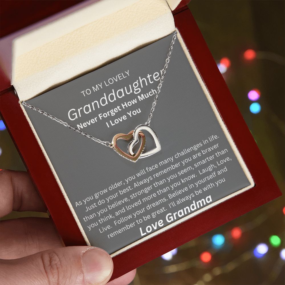 TO MY LOVELY GRANDDAUGHTER. LOVE GRANDMA. INTERLOCKING HEARTS.