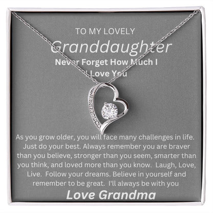 TO MY LOVEL GRANDDAUGHTER.  HEART NECKLACE. LOVE GRANDMA